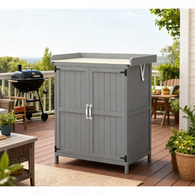 Banc de rangement en bois pour l'extérieur et armoire de rangement avec 2 portes, plateau en métal et tablette