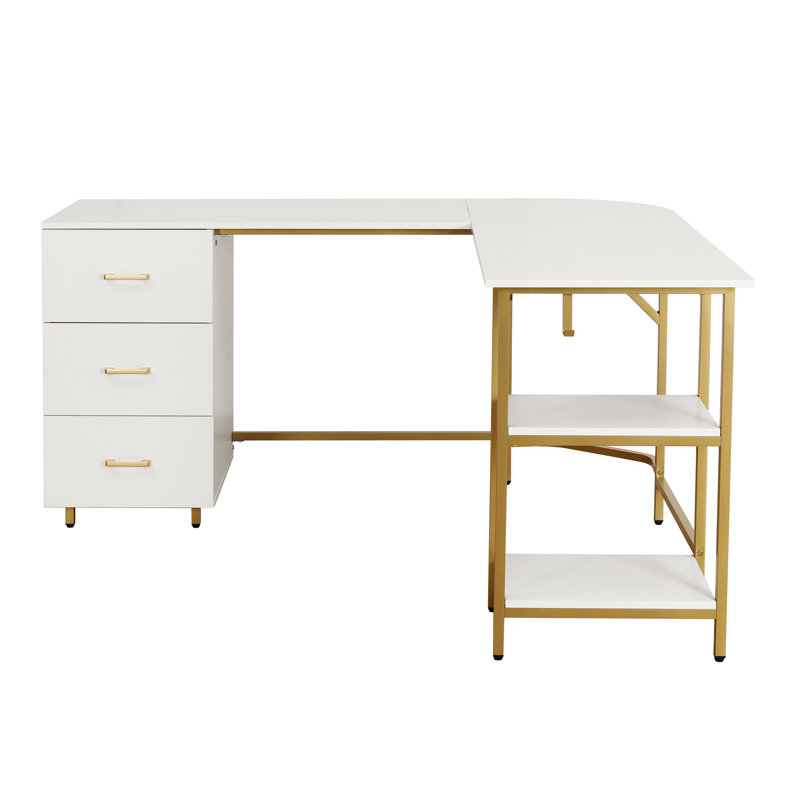 Techni Mobili L-Shape Home Office Two-Tone Desk With Storage, White/Gold