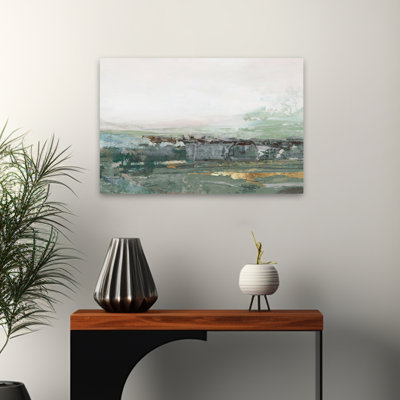 «Misty Horizon Over Weathered Landscape», paysage abstrait et paysage marin abstrait, art texturé