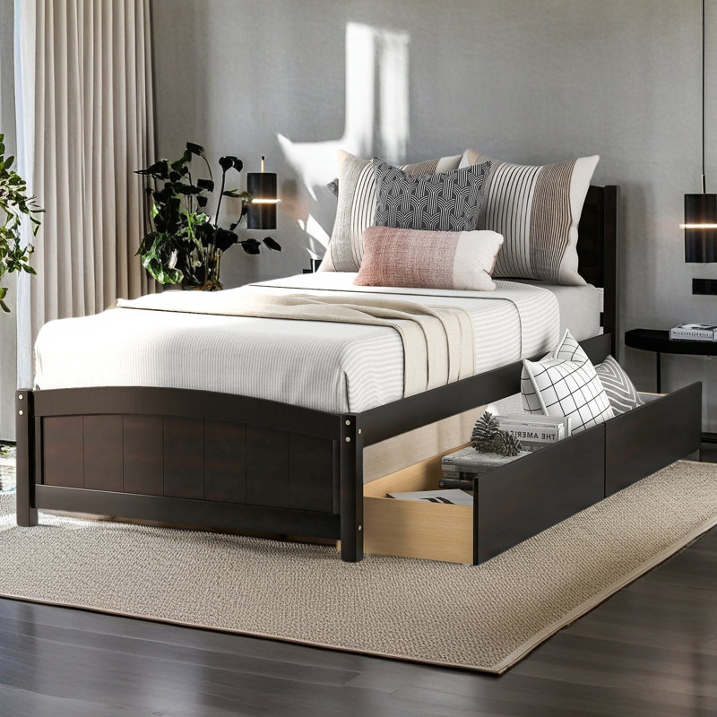 Lit plateforme simple avec deux tiroirs, Espresso
