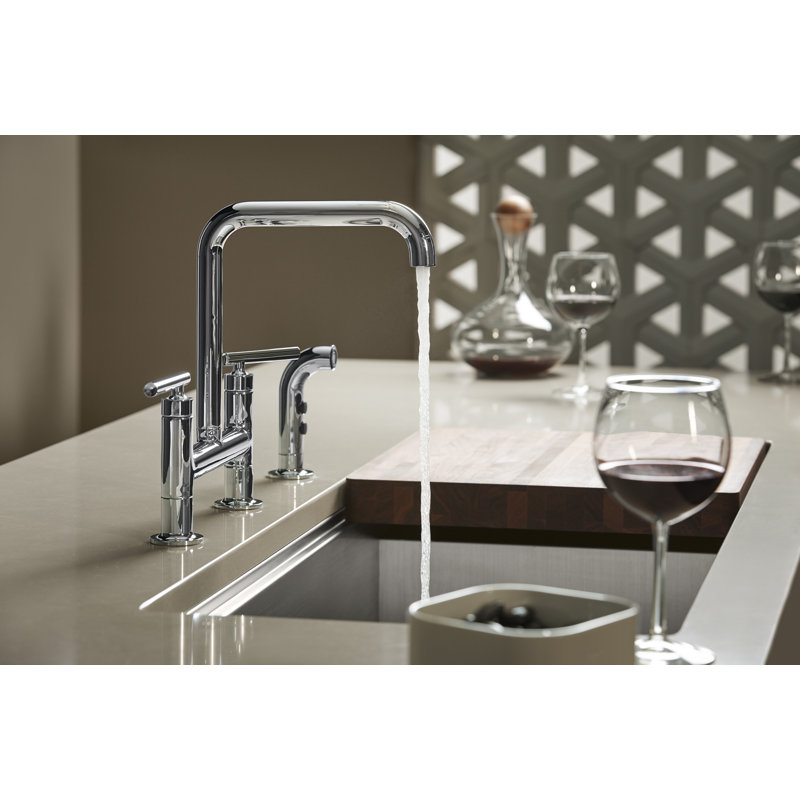 Kohler Purist® Two Handle Deck-Mounted Bridge Kitchen Sink Faucet with Pull Out Side Sprayer, Polished Chrome