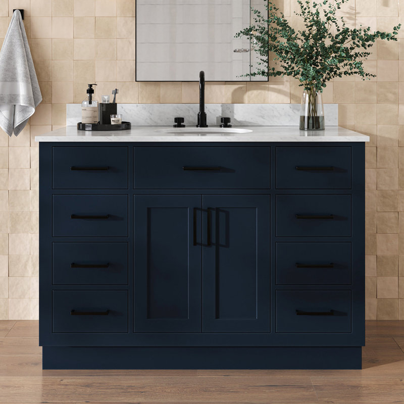 Jameal 48'' Solid Wood Single Bathroom Vanity with 0.75'' Carrara Marble Top Sink, Midnight Blue, Oval, 48"