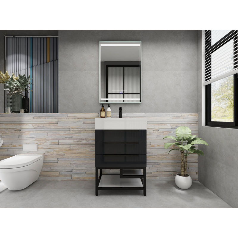 Jessica 23.5'' Single Bathroom Vanity with Stone Top, Gloss Gray