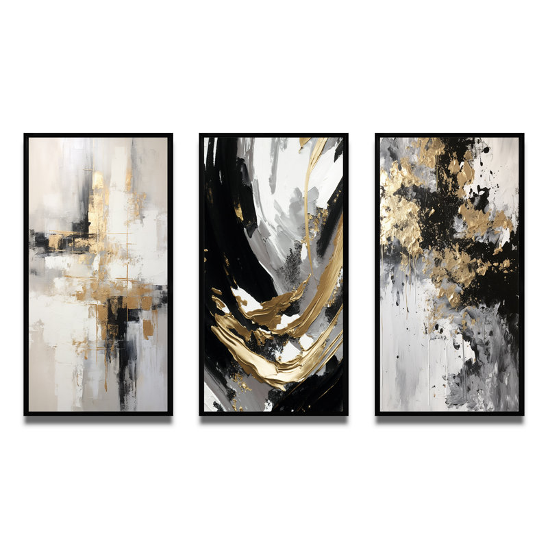 Essential Bliss Minimalism Abstract Gold Painting - Abstract Painting Art Set Of 3 Pieces, Cadre flottant noir