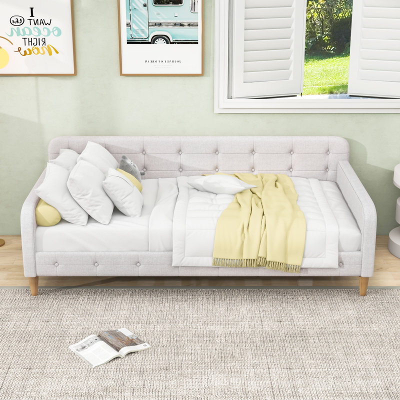 Elegant Linen Upholstered Daybed with Armrests, Beige, Twin