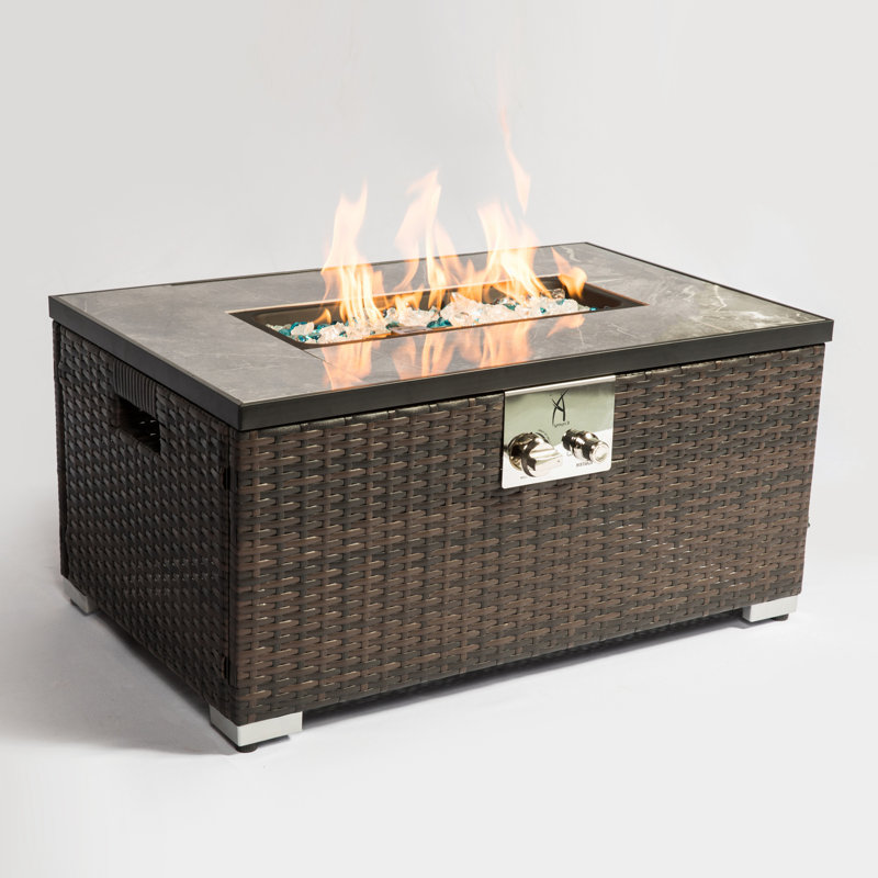 Brown Rattan Gas Fire Pit Table with Ceramic Top