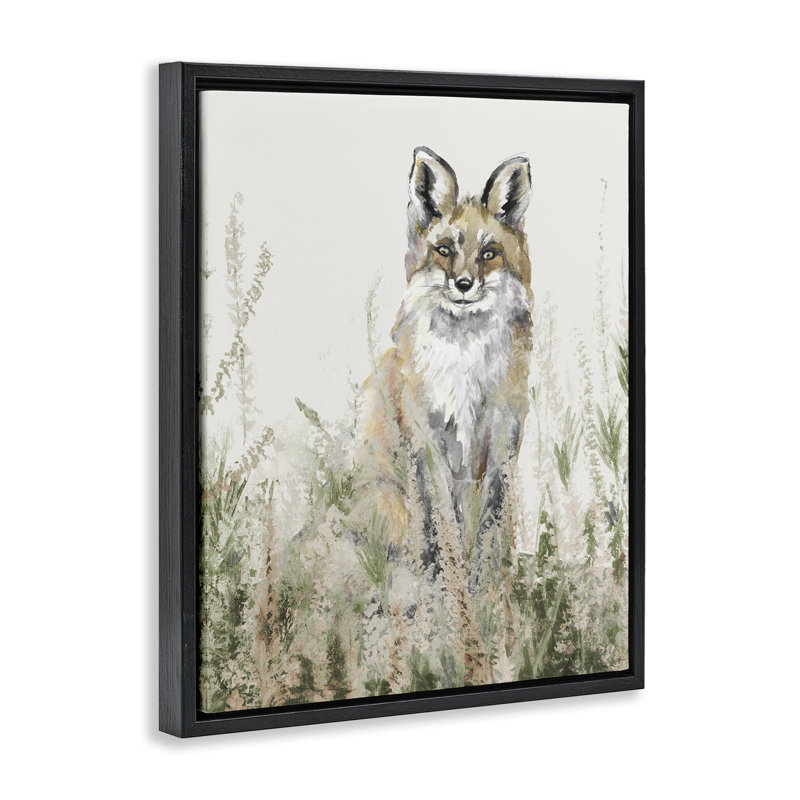 Fox in Meadow Landscape, art mural sur toile flottant noir, H 21 po x l 17 po, Cadre flottant métallique doré