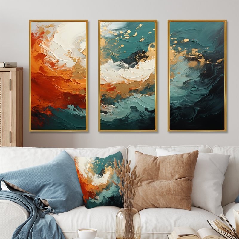 Orange et marbre doré, lave III - art mural abstrait, Cadre flottant doré, H 32 po x l 48 po x P 1 po