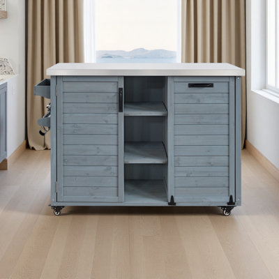 Îlot de cuisine 78,3 po avec table de barbecue pliable, chariot de barbecue en bois avec rangement pour poubelle et plateau en acier inoxydable