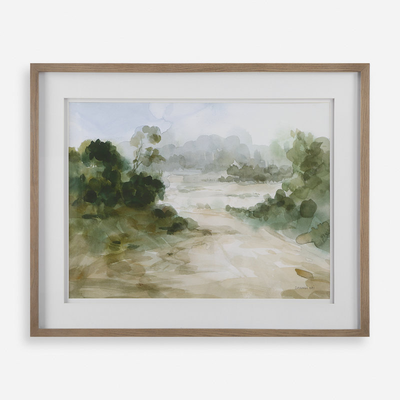 Warm Oak Framed Verdant Watercolor Landscape Print