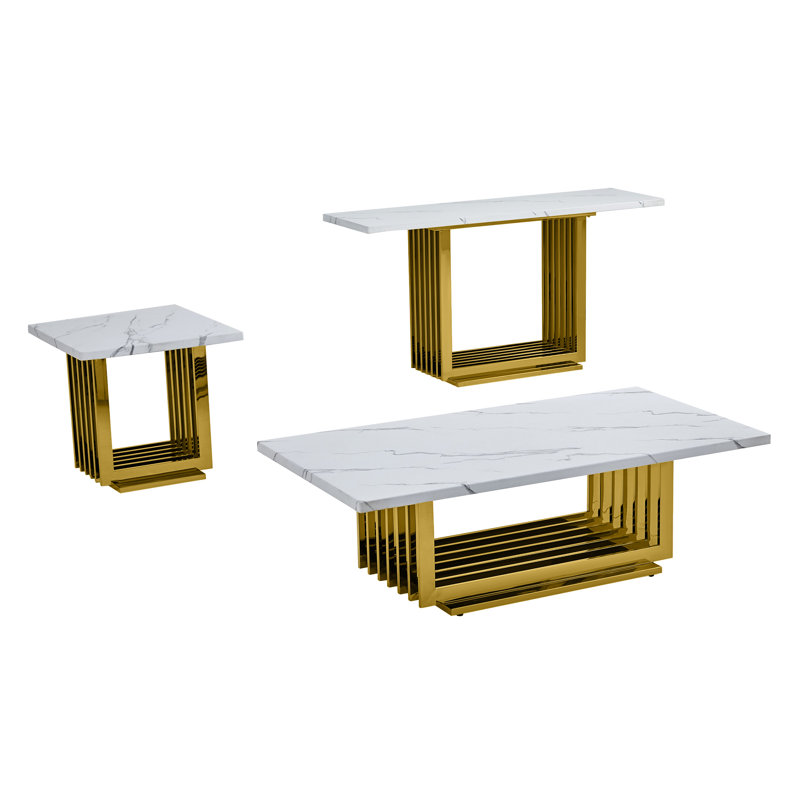White Marble and Gold Steel 3-Piece Living Room Table Set