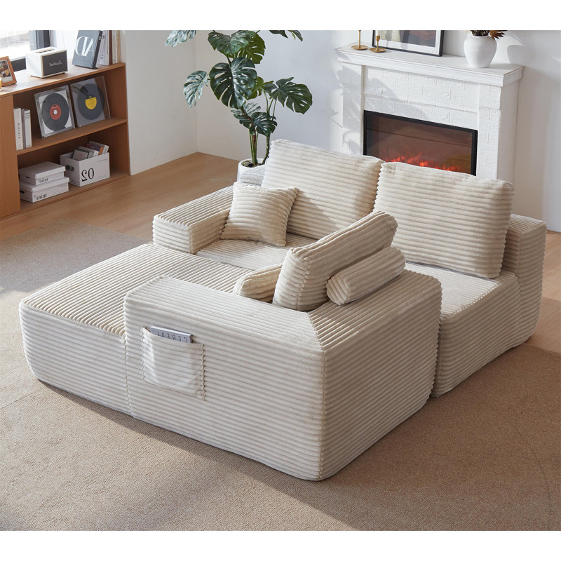Canapé modulaire 104 po Cloud avec méridienne en forme de L et poches latérales, Orienté à droite, Tissu beige