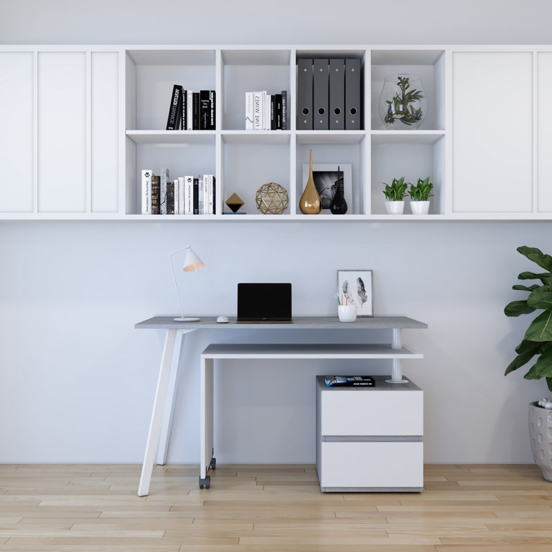 Grey and White Corner Computer Desk with Drawer and Keyboard Tray