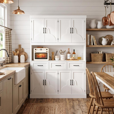 Armoire pour garde-manger 75,7 po en bois blanc avec tablette à micro-ondes, 8 portes et 3 tiroirs