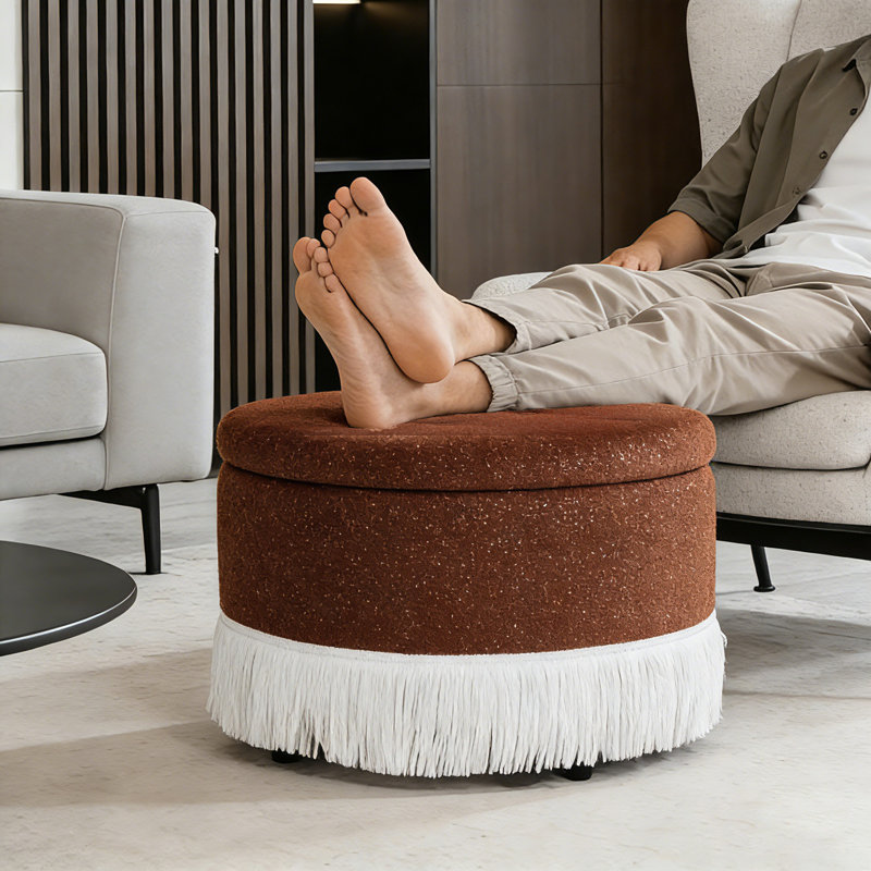 Fully Assembled Round Linen Blend Storage Ottoman with Tassel Trim, Red Linen