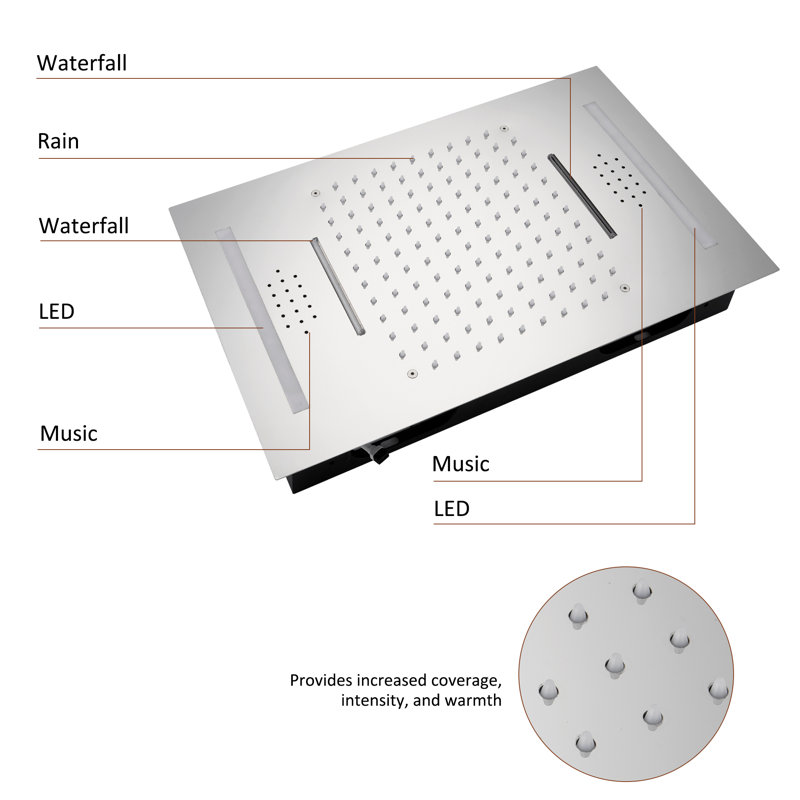 Brushed Gold Large Dual Rectangle Ceiling Mounted Shower System with LED and Bluetooth