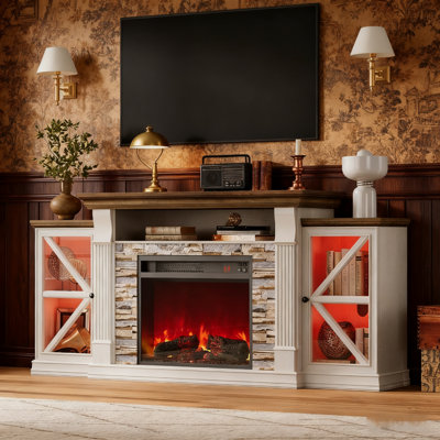 TV Stand For TVs Up To 70" With Electric Fireplace Included, Farmhouse TV Console & Entertainment Center, Antique White