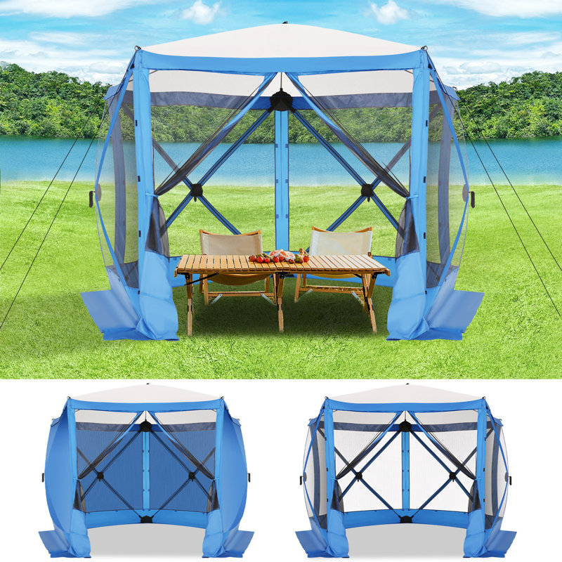 10x10ft Camping Gazebo Screen Tent, 5 Sided Pop-up Canopy Shelter with Mesh Windows, Blue