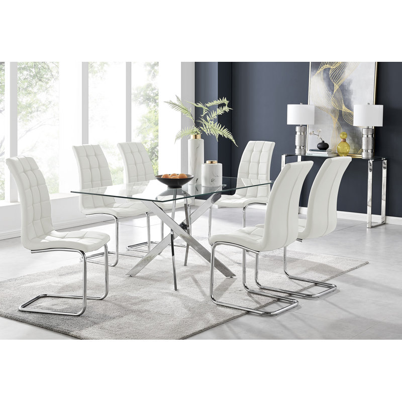 Lenworth Chrome and Glass Rectangular Dining Table Set with 6 Modern Faux Leather Chairs, White