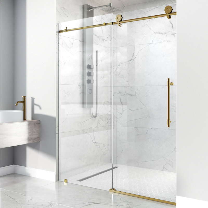 Porte de douche coulissante sans cadre avec verre transparent 3/8 po l 68-72 po x H 76 po Elan Hart, Or brossé mat