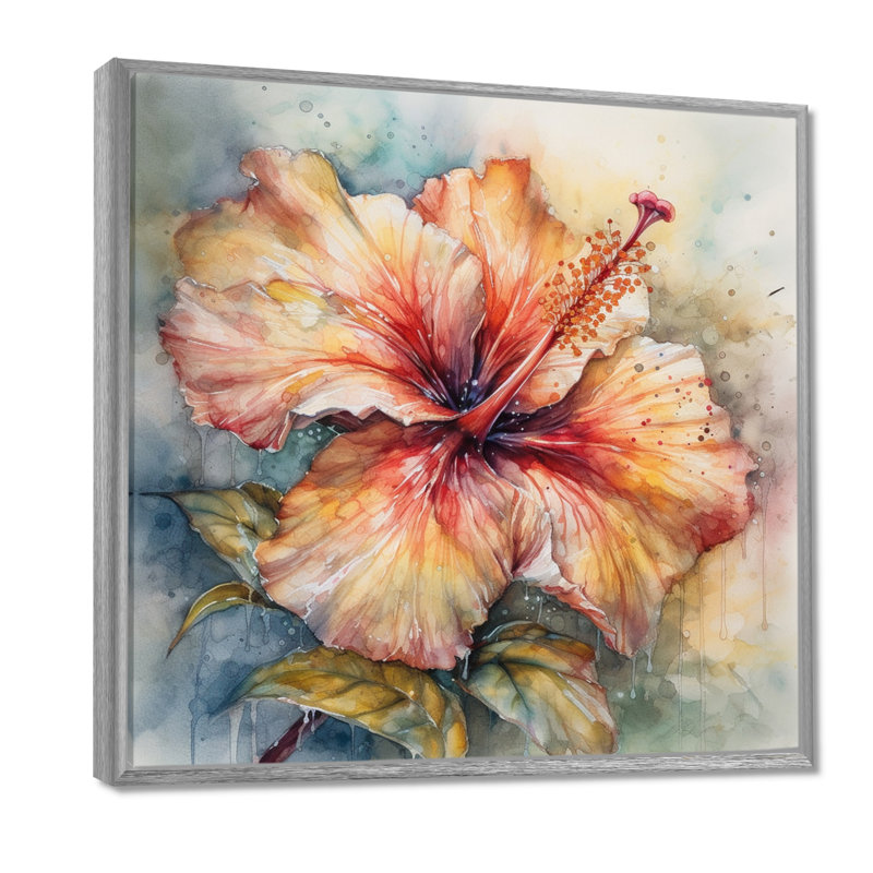 Hibiscus Euphoria II gris orange de Rrahim - art mural hibiscus, H 30 po x l 30 po, Encadrement argenté