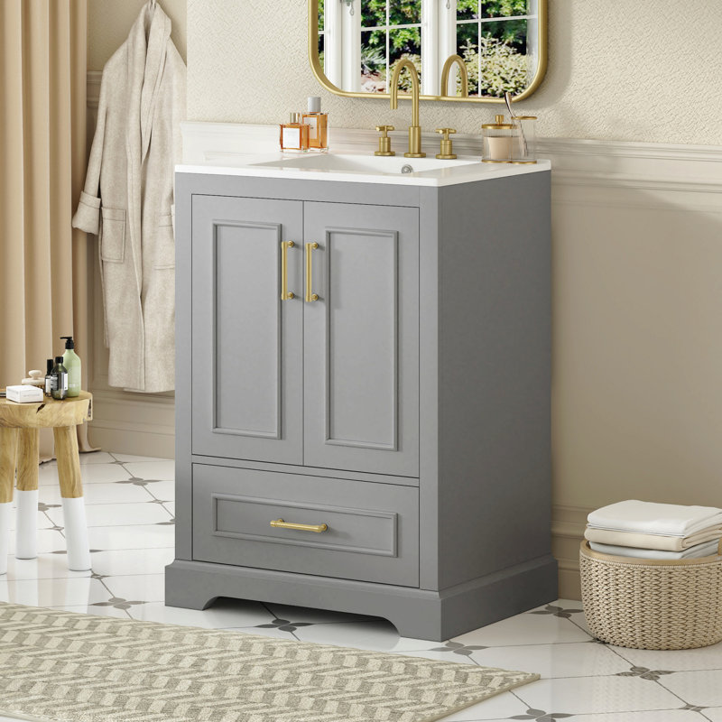 Meuble-lavabo 24 po avec lavabo, armoire en MDF avec structure en bois massif, 1 tiroir divisé et 2 portes à fermeture douce avec double tablette sur la porte, meuble-lavabo autoportant