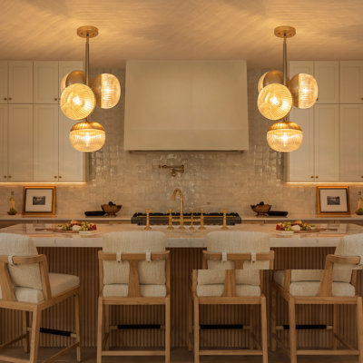 4-Light Modern Globe Cluster Pendant, Mid-Century Gold Chandelier with Ribbed Glass, Convertible Adjustable Semi-Flush Mount Ceiling Light