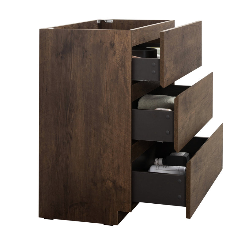 Walnut Floor Cabinet 24F-105: 3 Drawers, Pre-Assembled, Modern Elegance, Max Storage, Silent & Smooth, Handle- Design, No Basin 24F-105 Cabinet: Finish, Attractive Feature, Handle-,
