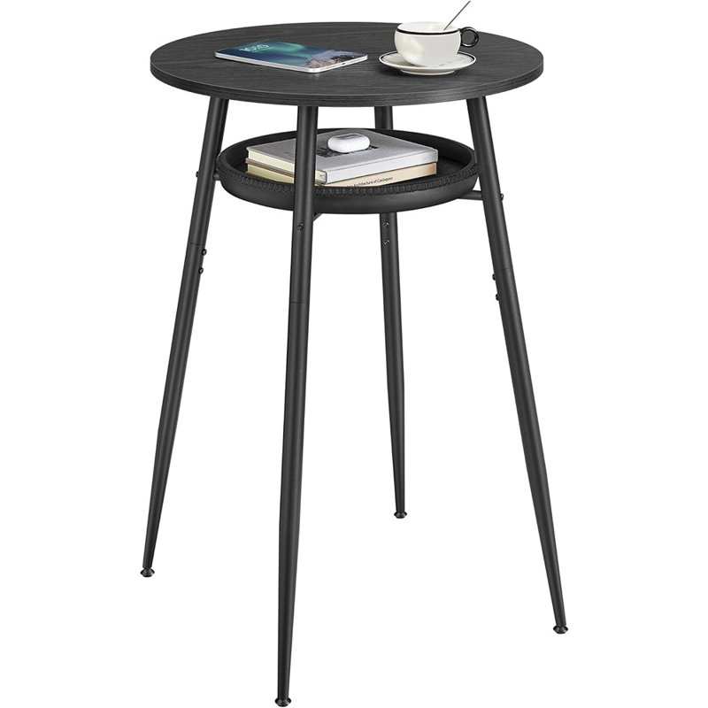 Table de bar avec rangement, table de pub ronde haute, cuir synthétique avec coutures, Mid-Century moderne, bar pour la maison, salon, assemblage facile, noir ébène et noir encre