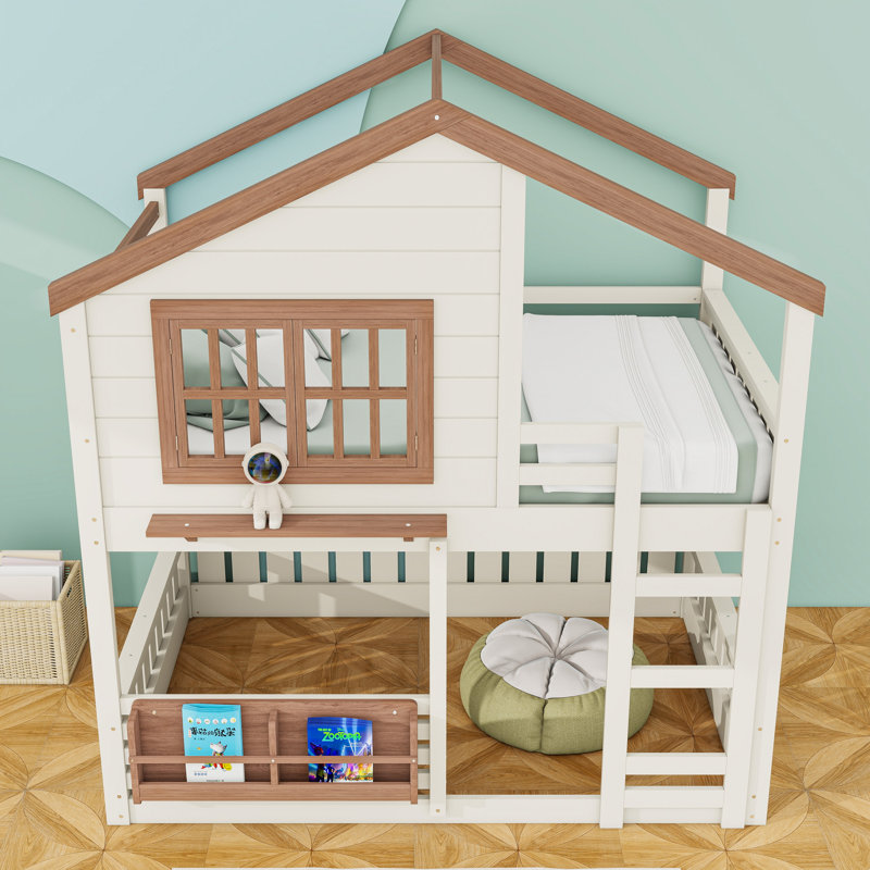 Lit superposé à structure en bois avec échelle et garde-corps, Lit superposé double sur double, Naturel beige
