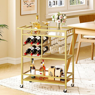 Chariot-bar doré à 3 niveaux avec roulettes et poignée, chariot à boissons avec support à vin et porte-verres pour la salle à manger de la cuisine à domicile