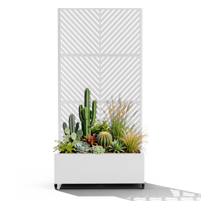 Mobile Metal Planter Wall with Trellis & Lockable Wheels, Elevated Raised Garden Bed with Drainage Holes, Outdoor Planter Box for Climbing Plants, Vegetables & Flowers