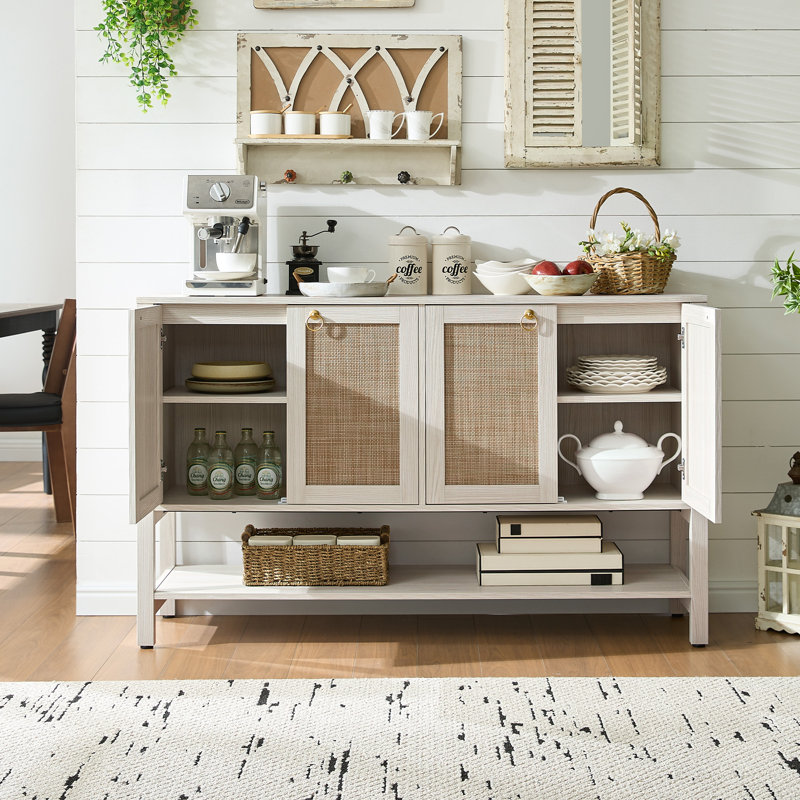 Rattan Sideboard Buffet Cabinet – 4-Door Storage with Adjustable Shelves, Boho Console for Kitchen or Hallway