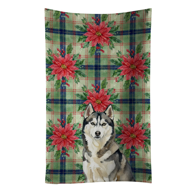 Agouti Siberian Husky Christmas PoinsettIas Kitchen Towel, Agouti Siberian Husky
