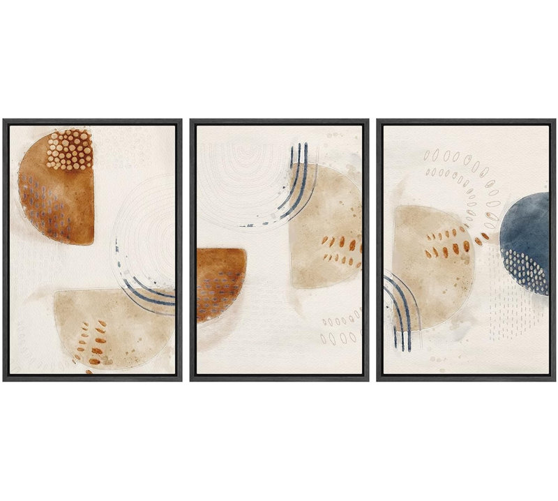 Style Mid-Century industriel, grunge, brun et brun clair, demi-cercles, formes abstraites, art moderne bohème neutre, 3 pièces