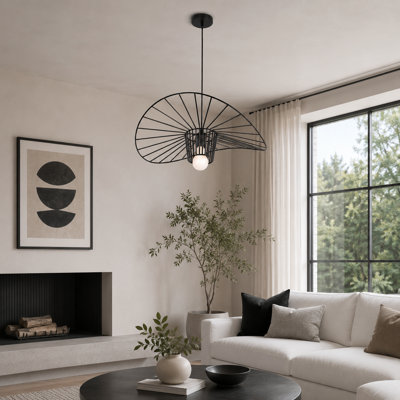 23.6" Black Metal Fan-Shaped Pendant Light, Modern Wireframe Chandelier with Adjustable Cord and E26 Bulb Included