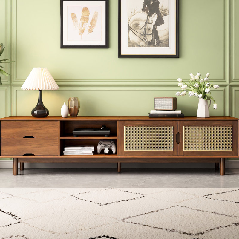Console multimédia avec pieds avant et en bois massif, 78 po pour téléviseur de 85 po ou moins, meuble télé contemporain avec espace de divertissement, portes