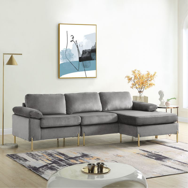 Canapé modulaire en velours avec méridienne, Velours gris velours, Face à la droite