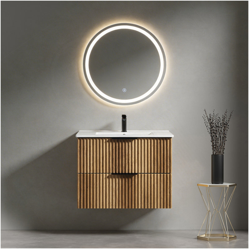 30 Inch Wall-Mounted Bathroom Vanity With 3D Fluted Panel & Ceramic Integrated Sink, 30"