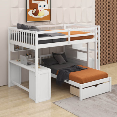 Lit superposé double au-dessus de simple avec bureau, tiroirs et tablettes