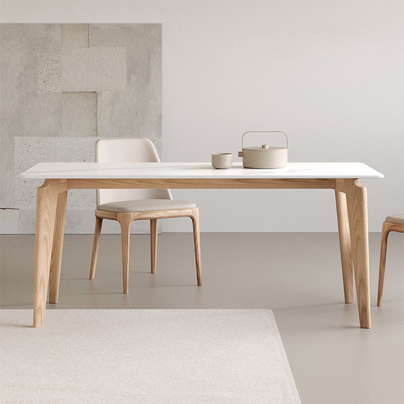 Ensemble de table de salle à manger pour 4 personnes blanc + pierre frittée rectangulaire + bois massif Burlywood