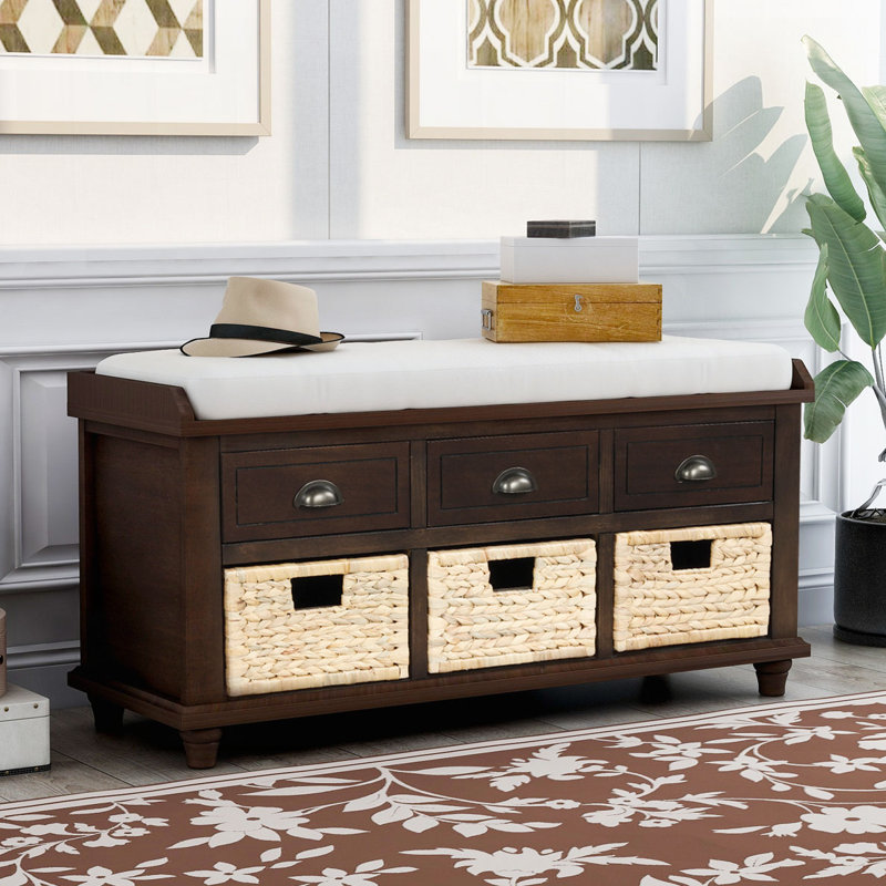 Rustic Storage Bench with 3 Drawers and 3 Rattan Baskets, Espresso