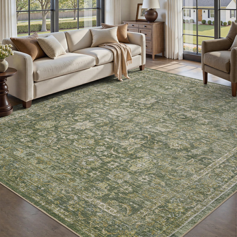 Soft Non-Slip Washable Vintage Floral Area Rug Sage Green , Rectangle 5' x 7', Green