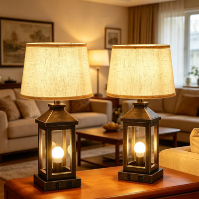 Ensemble de 2 lampes de table lanterne avec ports USB + Type-C, intensité variable à 3 voies et ampoules incluses