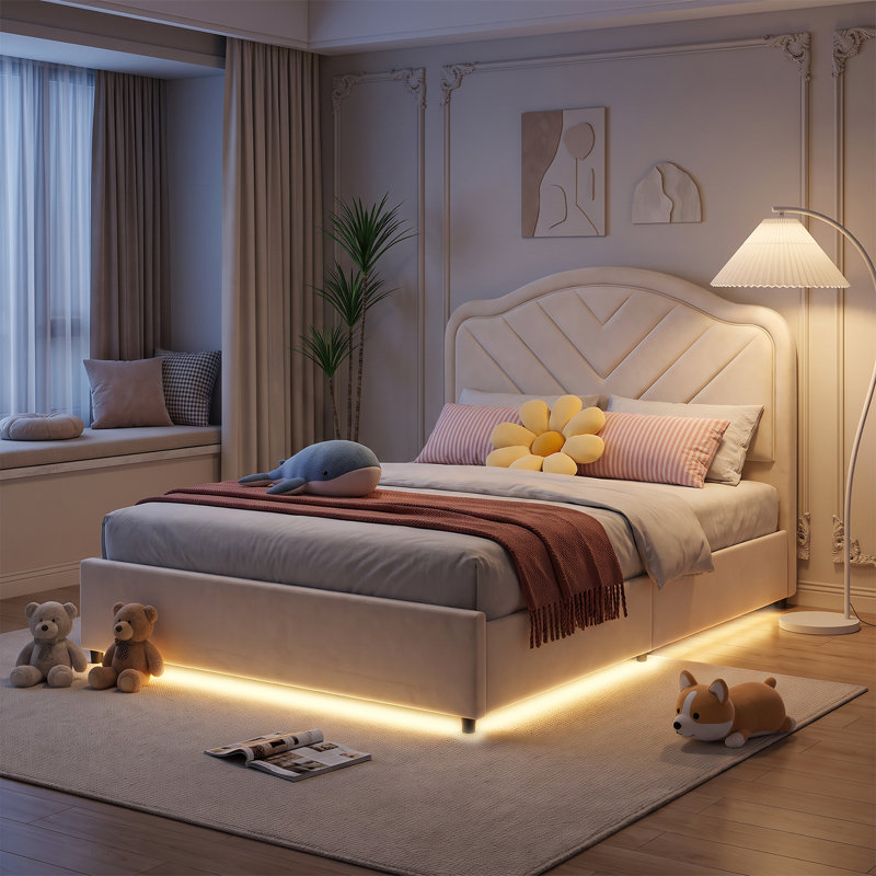 Bed Frame with Velvet Headboard, Smart Adjustable LED Light, Metal Ottoman Bed Frame With Wooden Slat Support, Gas Lift Under Bed Storage
