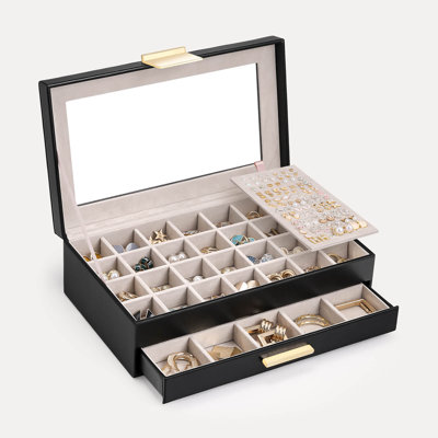 Boîte de rangement pour boucles d'oreilles avec couvercle en verre - 2 niveaux, noir