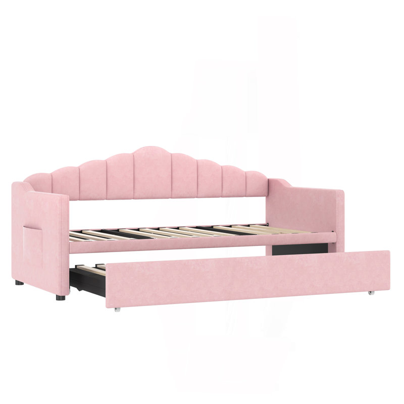 Upholstered Twin Size Daybed With Adjustable Height Pop Up Trundle Twin Bed And USB & Type-C Charging Port, Day Bed Frame With 2 Side Pockets, No Box-Spring Needed, Pink