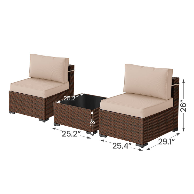 Ensemble de conversation en osier 2 pièces 3 personnes avec plateau en verre Naveena , Beige