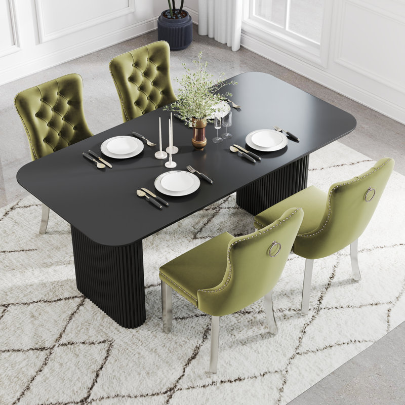 Ensemble de salle à manger rectangulaire en bois avec chaise capitonnée, 5, Vert olive, Noir