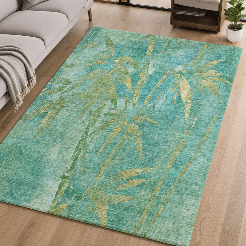 Premium Machine Washable Mayfield AMF2222 Botanical Rug, Teal, 2'6" x 3'10"